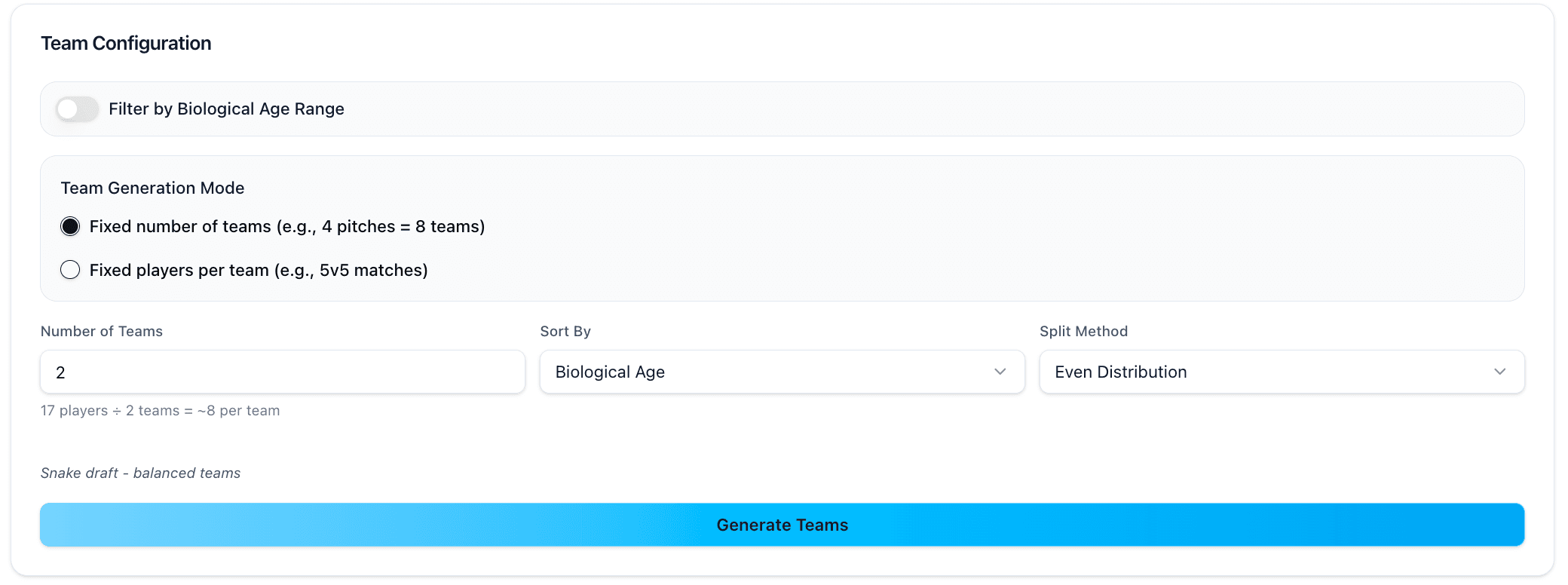Team generation settings showing mode options, sort parameters, and split methods