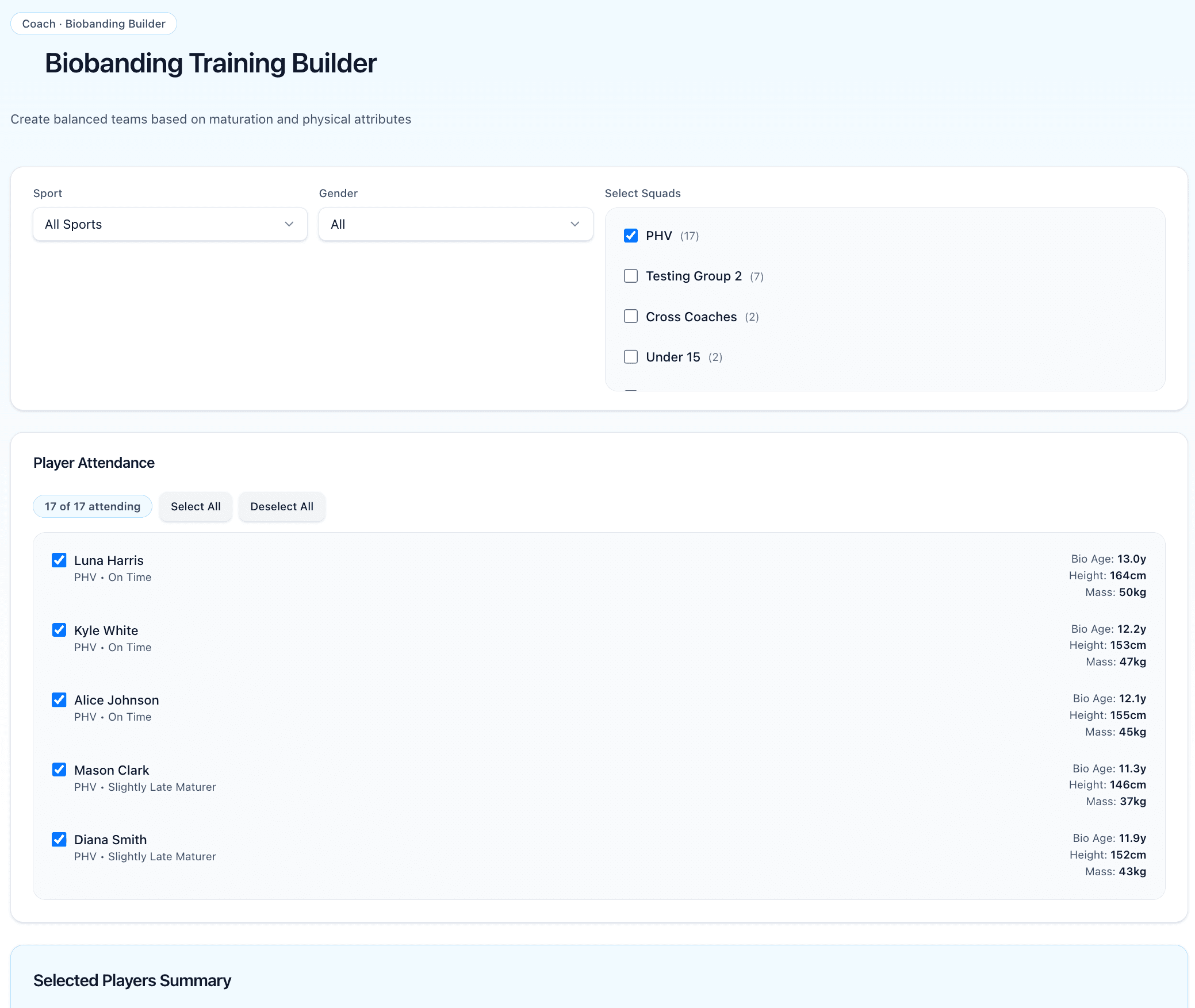 Bio-Banding tool main interface showing athlete selection and team generation options