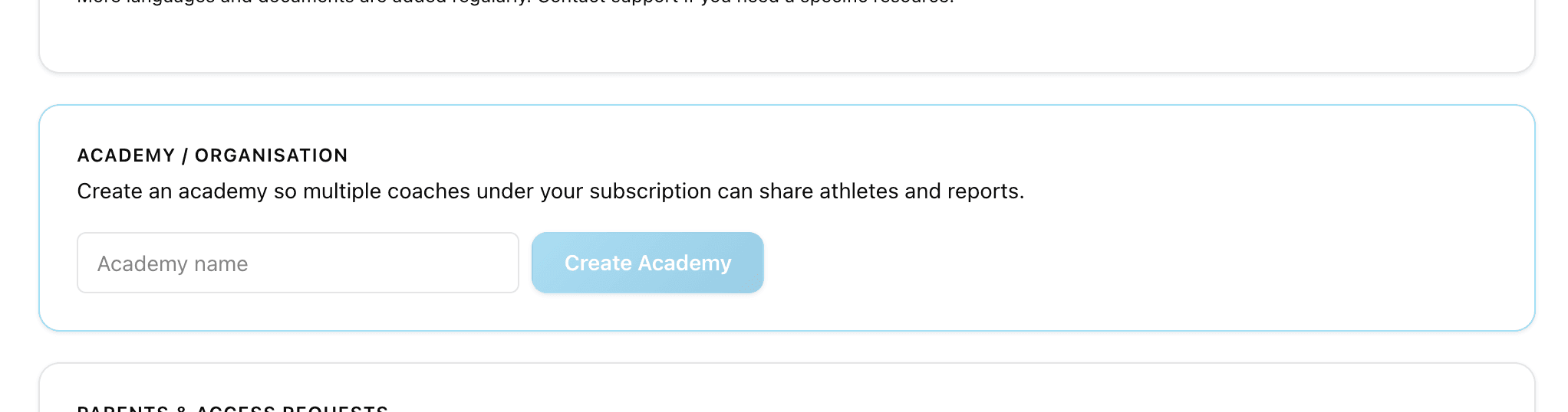 Account settings page showing the Academy / Organisation section with the name input and Create Academy button