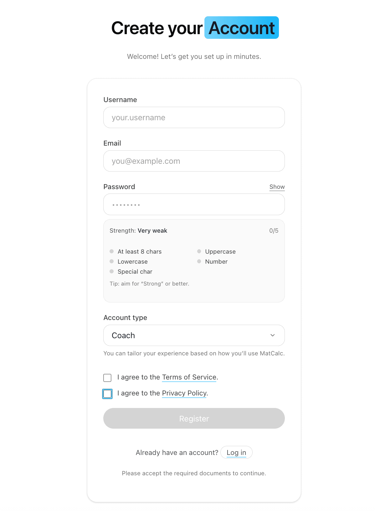 MatCalc registration form with Coach selected as the account type